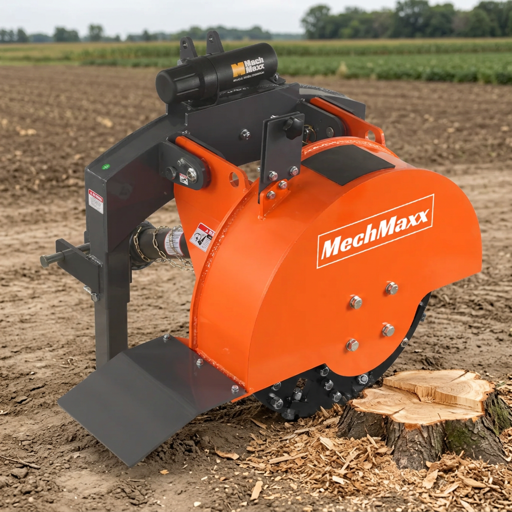 SG24 stump grinder in a farm field beside a ground stump